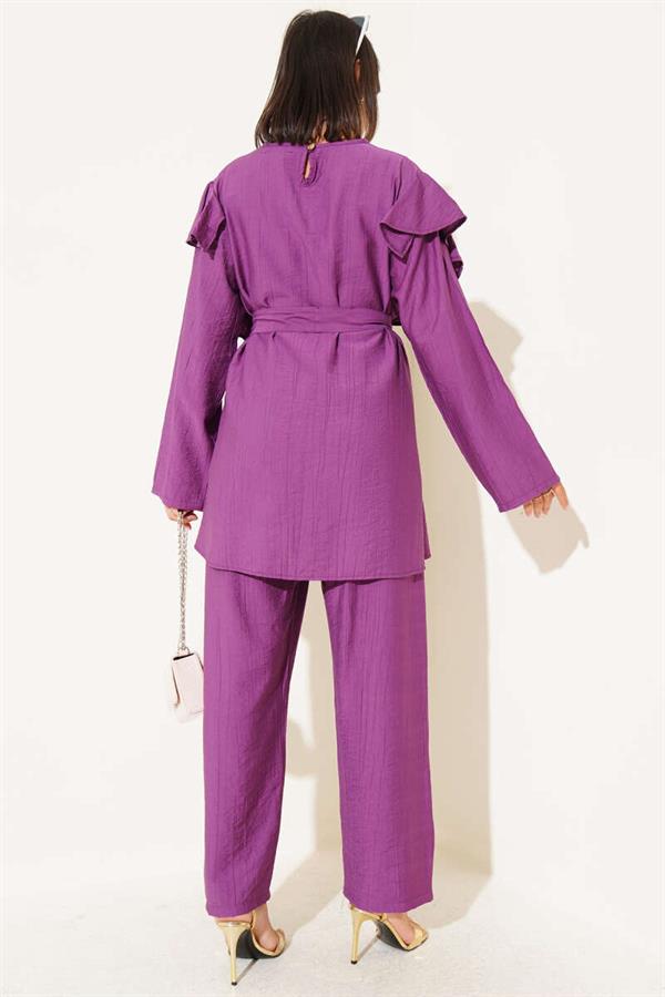 Shoulder Frill Gold Buttoned 2 Piece Set Magenta