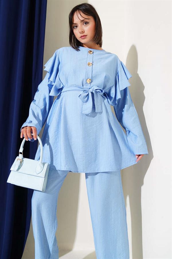 Shoulder Ruffle Gold Buttoned 2 Piece Set Blue