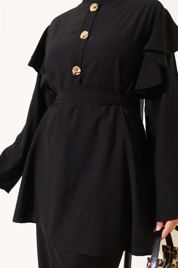 Shoulder Ruffle Gold Buttoned 2 Piece Set Black