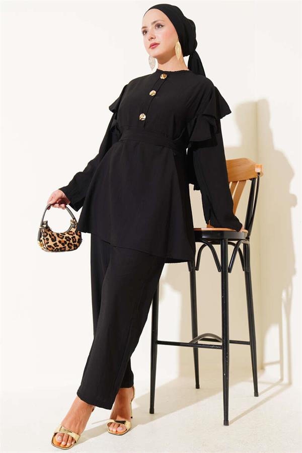 Shoulder Ruffle Gold Buttoned 2 Piece Set Black