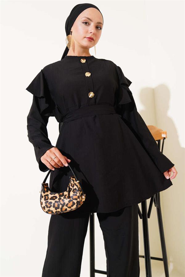 Shoulder Ruffle Gold Buttoned 2 Piece Set Black