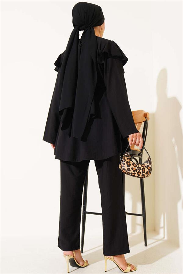 Shoulder Ruffle Gold Buttoned 2 Piece Set Black