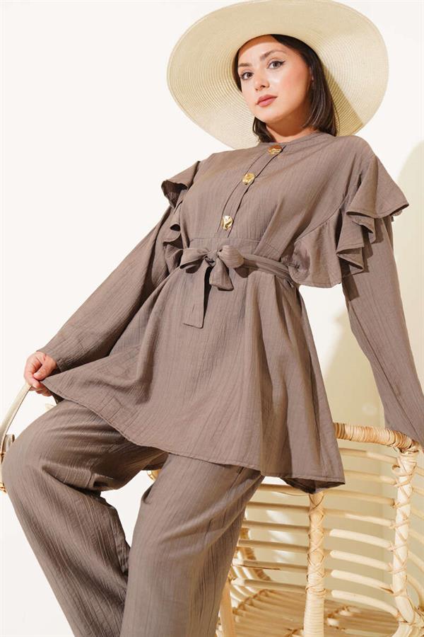 Shoulder Ruffle Gold Buttoned 2 Piece Set Mink
