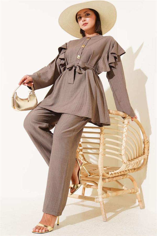 Shoulder Ruffle Gold Buttoned 2 Piece Set Mink