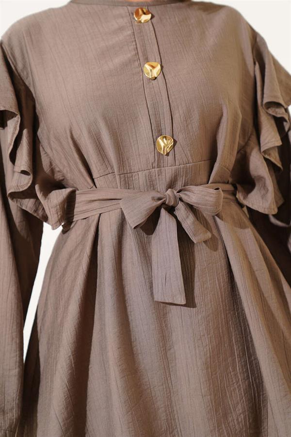Shoulder Ruffle Gold Buttoned 2 Piece Set Mink