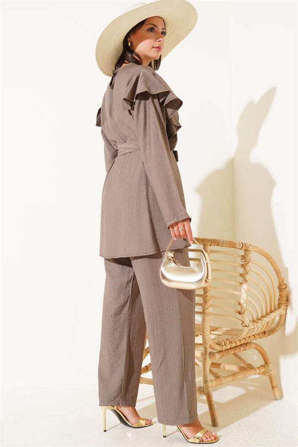 Shoulder Ruffle Gold Buttoned 2 Piece Set Mink