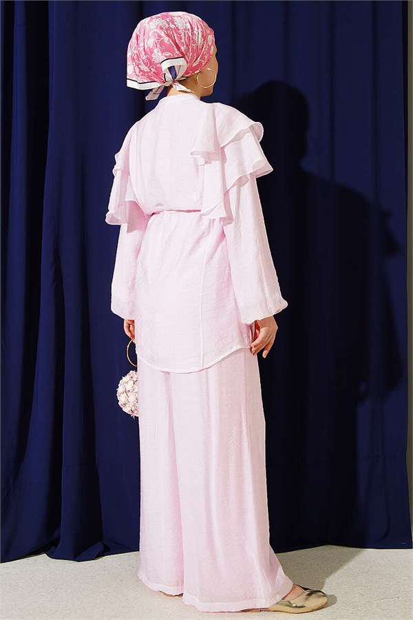 Pink 2 Piece Set with Shoulder Ruffles, Drawstring, and Button Closure