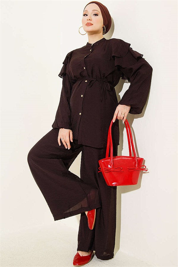 Shoulder Ruffled, Drawstring, Buttoned 2 Piece Set, Coffee
