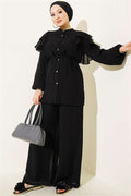 Shoulder Ruffled Lace-Up Buttoned 2 Piece Set, Black