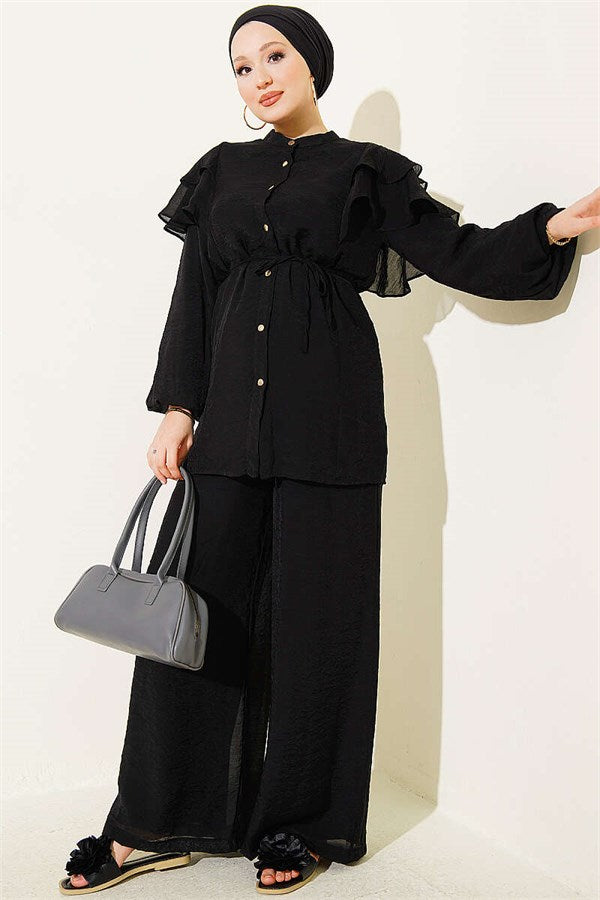 Shoulder Ruffled Lace-Up Buttoned 2 Piece Set, Black