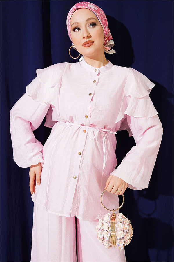 Pink 2 Piece Set with Shoulder Ruffles, Drawstring, and Button Closure