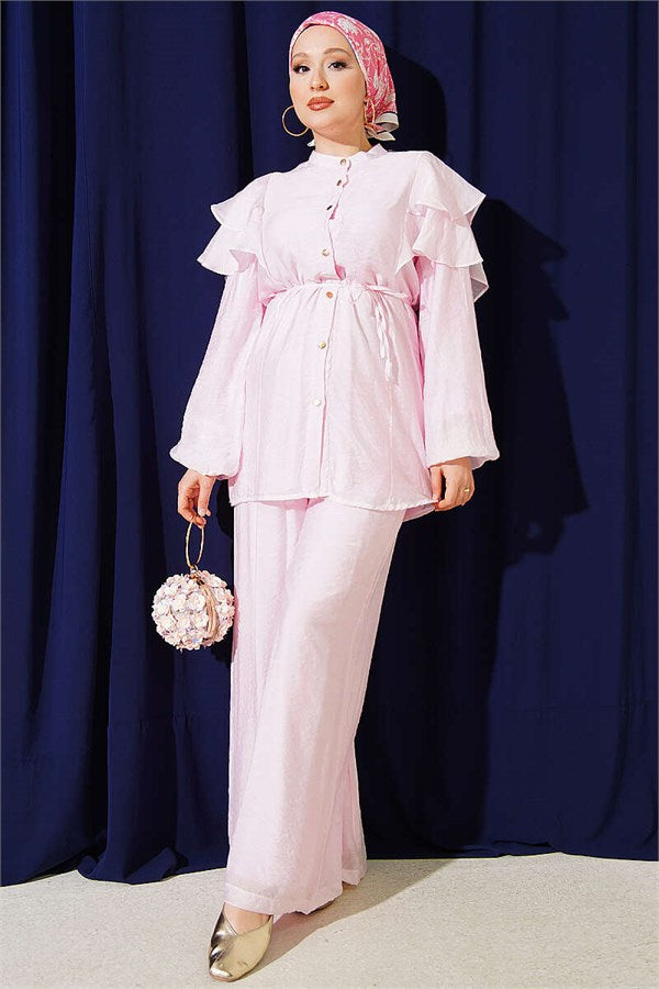 Pink 2 Piece Set with Shoulder Ruffles, Drawstring, and Button Closure