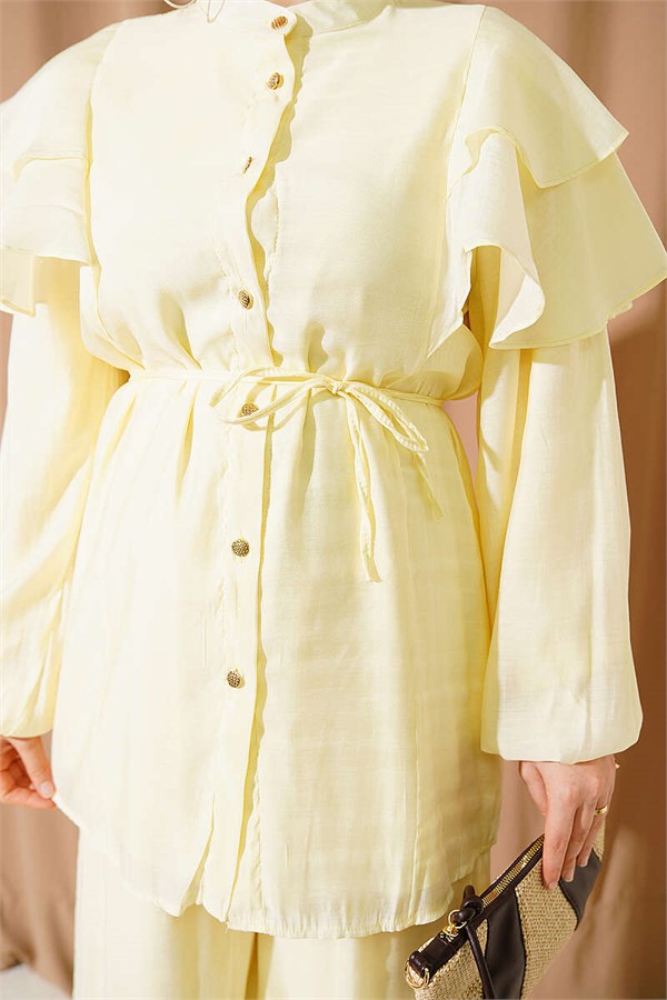 Shoulder Ruffled Lace-Up Buttoned 2 Piece Set, Yellow