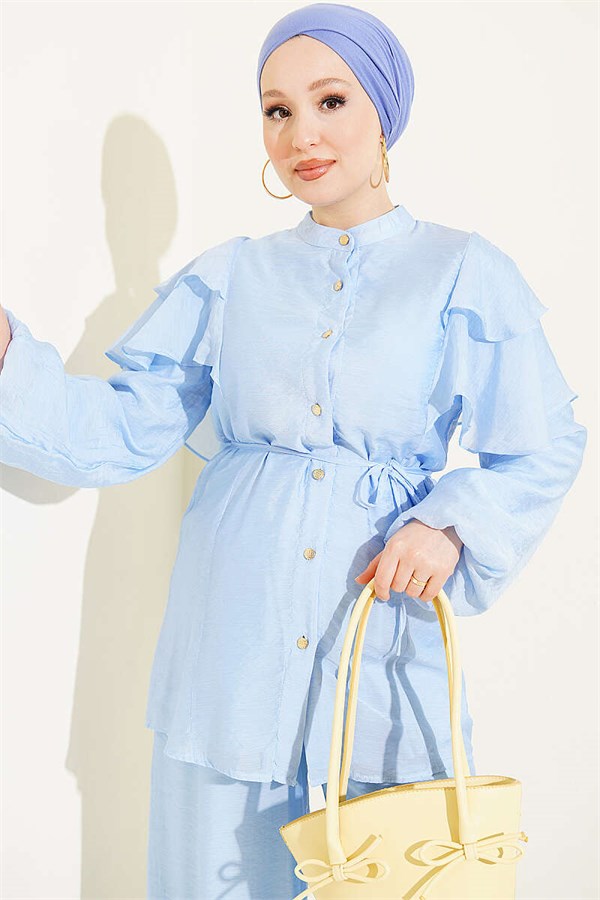 Shoulder Ruffled Drawstring Buttoned 2 Piece Set, Blue