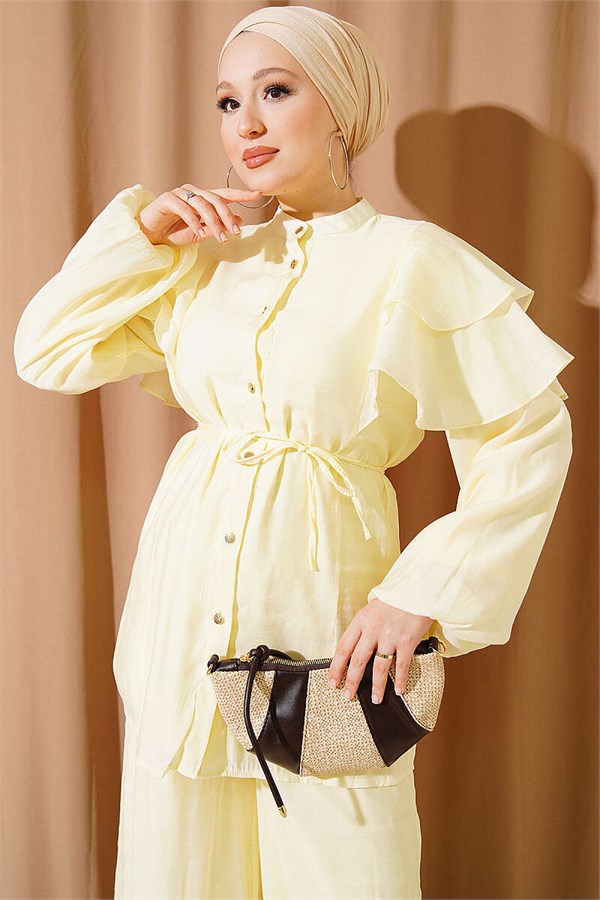 Shoulder Ruffled Lace-Up Buttoned 2 Piece Set, Yellow