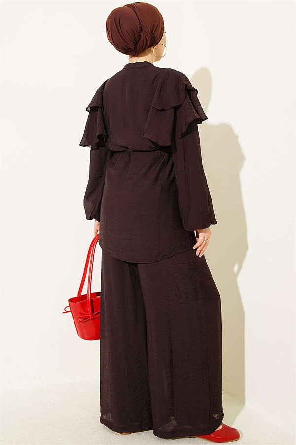Shoulder Ruffled, Drawstring, Buttoned 2 Piece Set, Coffee