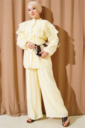 Shoulder Ruffled Lace-Up Buttoned 2 Piece Set, Yellow