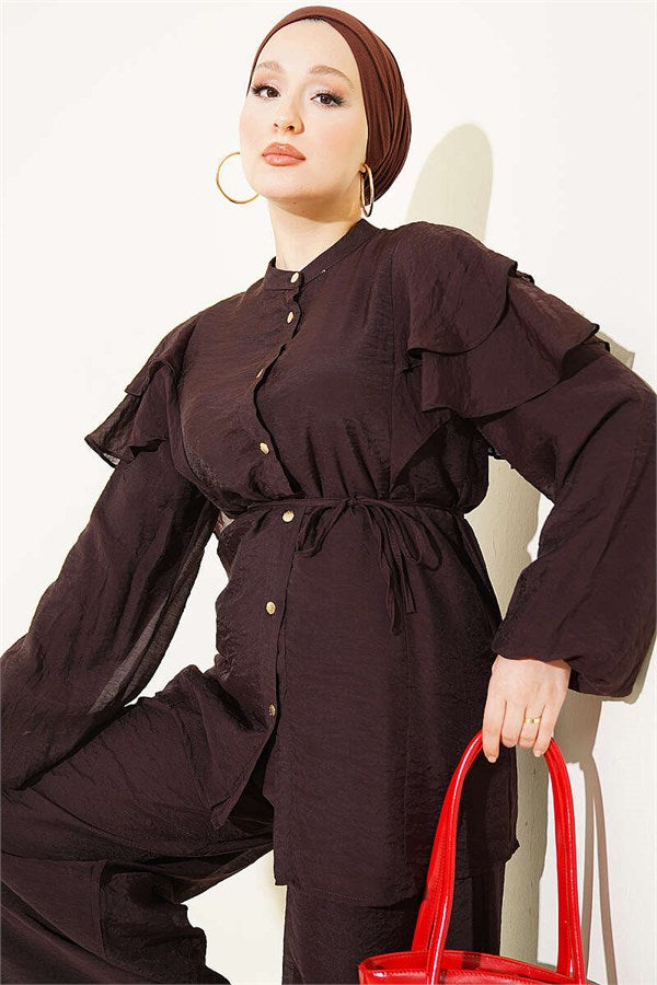 Shoulder Ruffled, Drawstring, Buttoned 2 Piece Set, Coffee