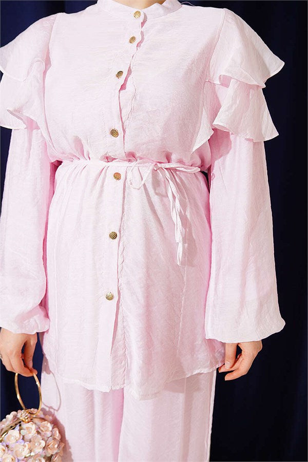 Pink 2 Piece Set with Shoulder Ruffles, Drawstring, and Button Closure