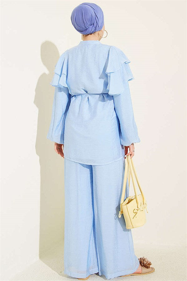 Shoulder Ruffled Drawstring Buttoned 2 Piece Set, Blue