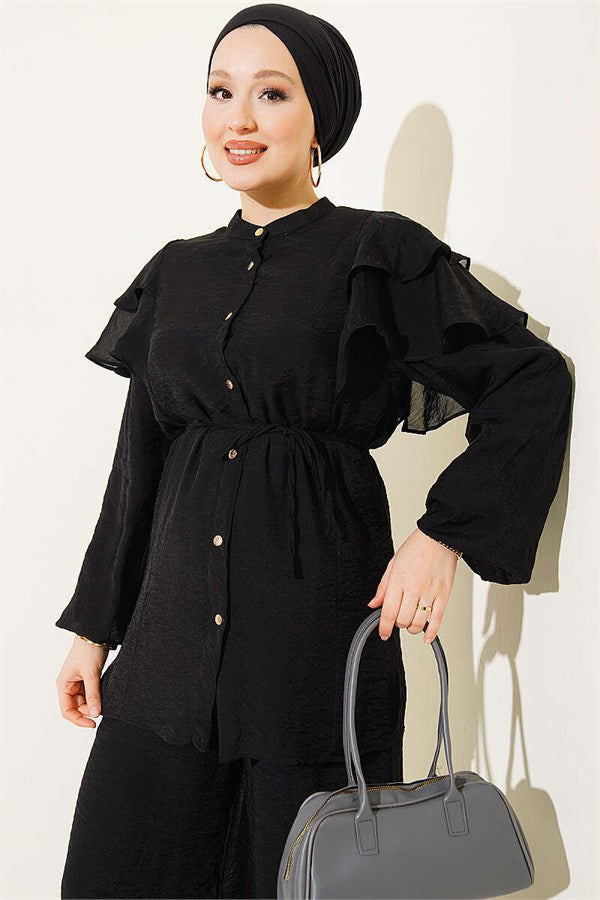 Shoulder Ruffled Lace-Up Buttoned 2 Piece Set, Black