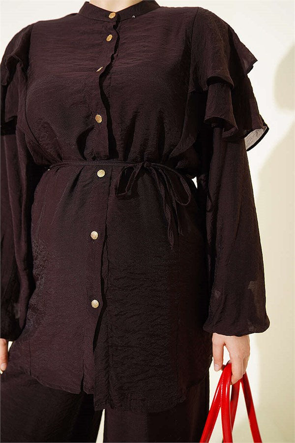 Shoulder Ruffled, Drawstring, Buttoned 2 Piece Set, Coffee