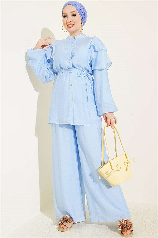 Shoulder Ruffled Drawstring Buttoned 2 Piece Set, Blue