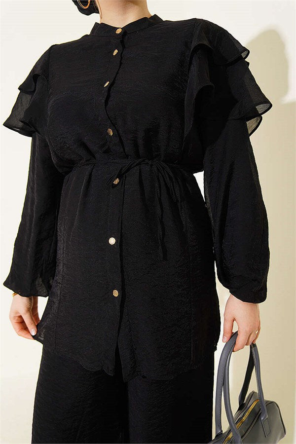 Shoulder Ruffled Lace-Up Buttoned 2 Piece Set, Black