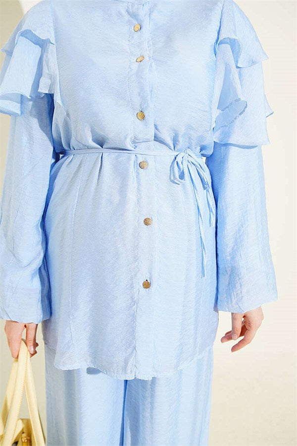 Shoulder Ruffled Drawstring Buttoned 2 Piece Set, Blue