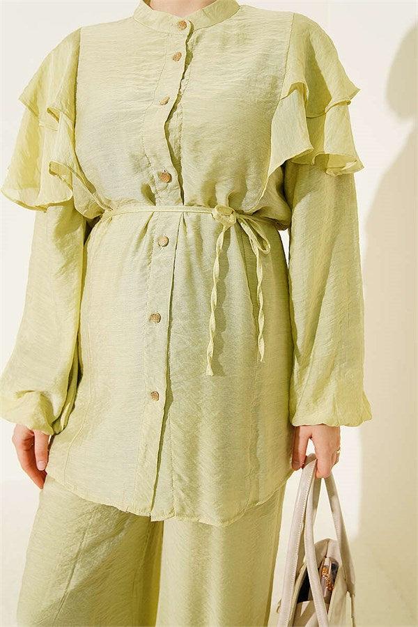 Shoulder Ruffled Drawstring 2 Piece Set in Light Green