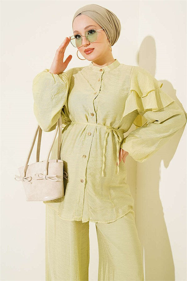 Shoulder Ruffled Drawstring 2 Piece Set in Light Green
