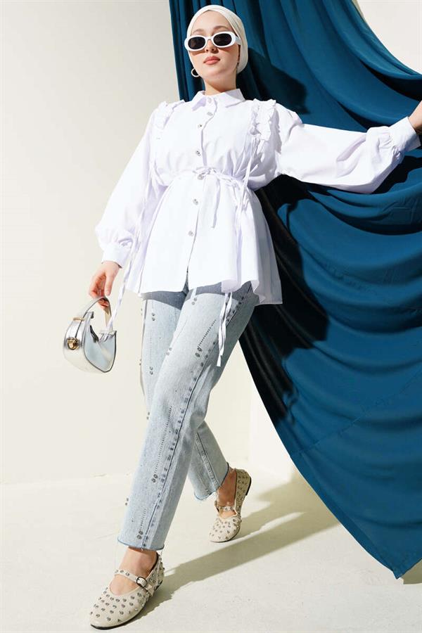 Shoulder Ruffle Heart Button Shirt White