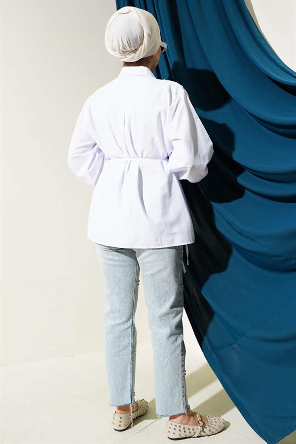 Shoulder Ruffle Heart Button Shirt White