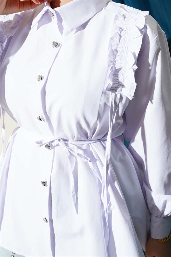 Shoulder Ruffle Heart Button Shirt White