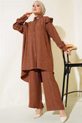 Shoulder Ruffle Linen 2 Piece Set Brown