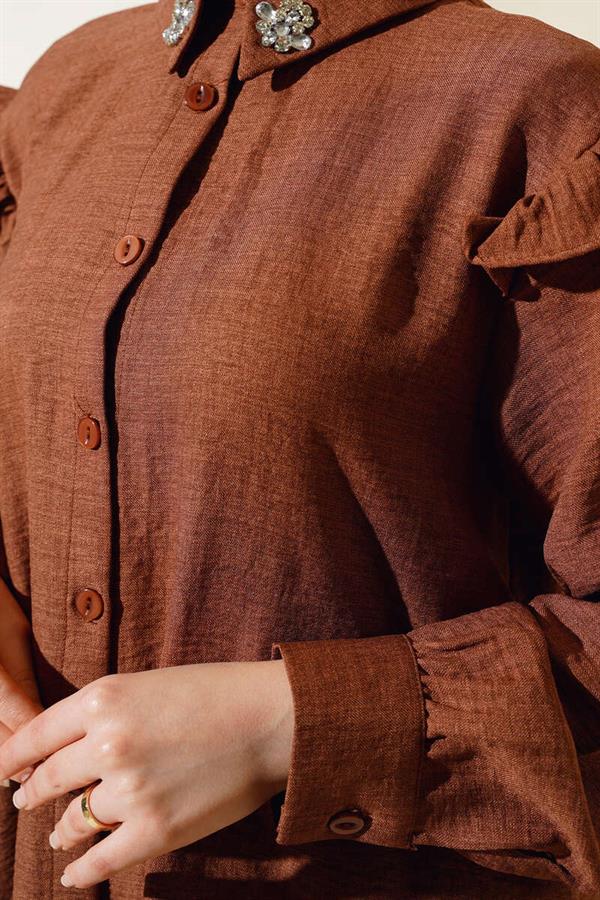 Shoulder Ruffle Linen 2 Piece Set Brown