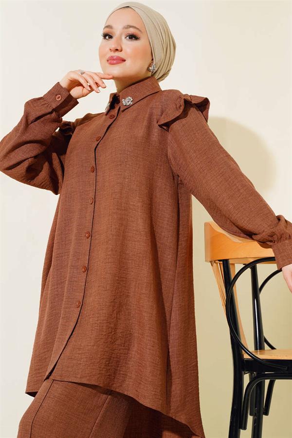 Shoulder Ruffle Linen 2 Piece Set Brown