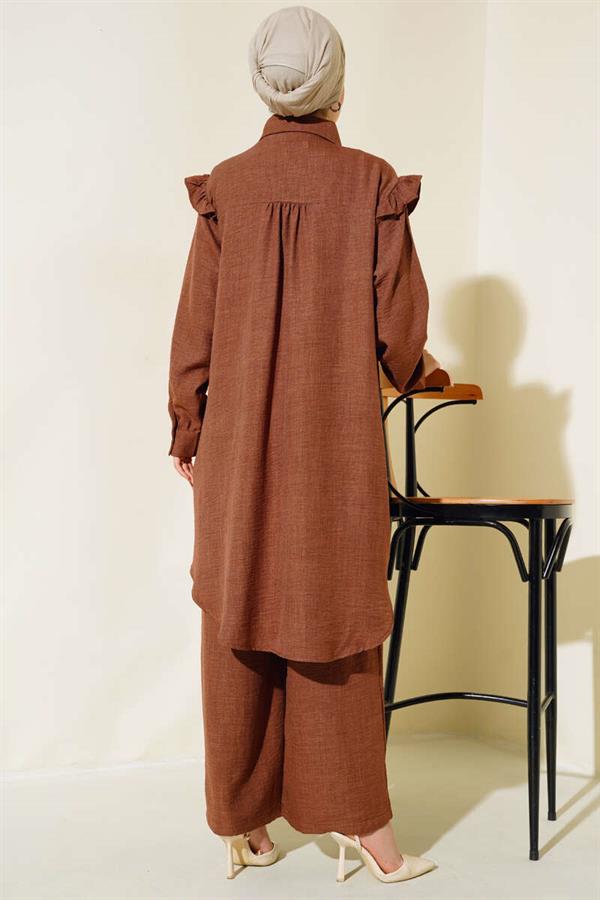 Shoulder Ruffle Linen 2 Piece Set Brown