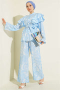 2 Piece Set with Ruffled Shoulders and Belt, Blue