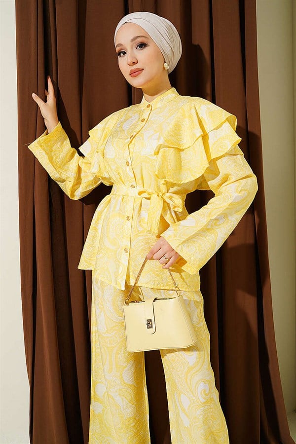 Yellow 2 Piece Set with Ruffled Shoulders and Belt