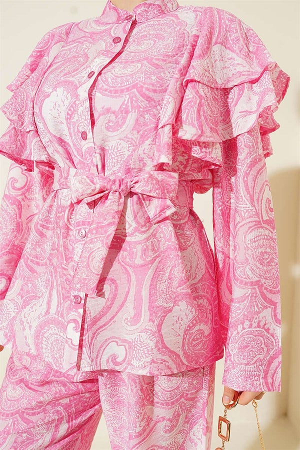 Pink 2 Piece Set with Ruffled Shoulders and Belt