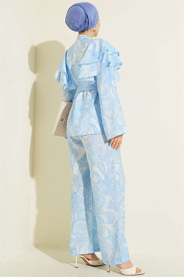 2 Piece Set with Ruffled Shoulders and Belt, Blue