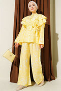 Yellow 2 Piece Set with Ruffled Shoulders and Belt