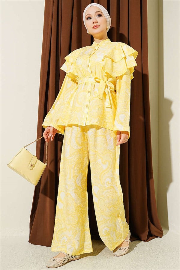 Yellow 2 Piece Set with Ruffled Shoulders and Belt