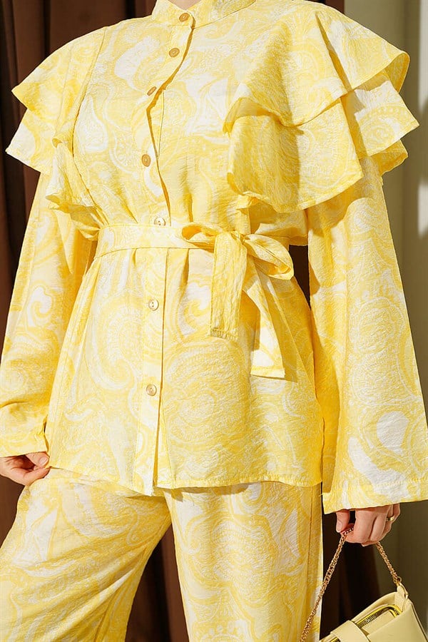 Yellow 2 Piece Set with Ruffled Shoulders and Belt