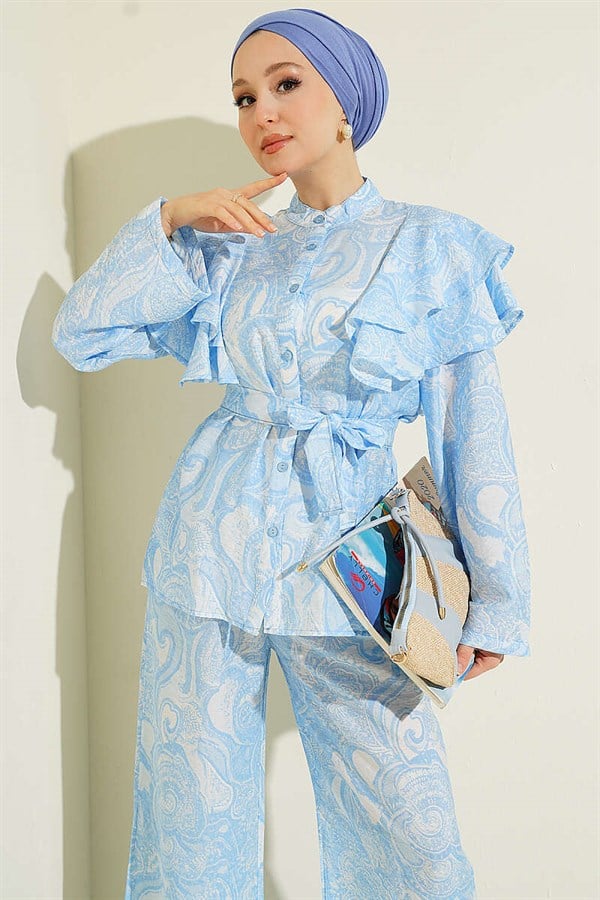 2 Piece Set with Ruffled Shoulders and Belt, Blue