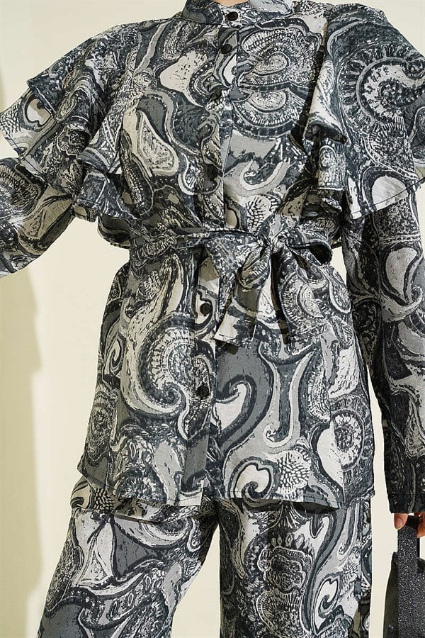 Gray 2 Piece Set with Ruffled Shoulders and Belt