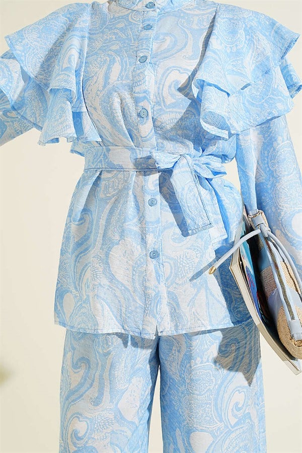 2 Piece Set with Ruffled Shoulders and Belt, Blue