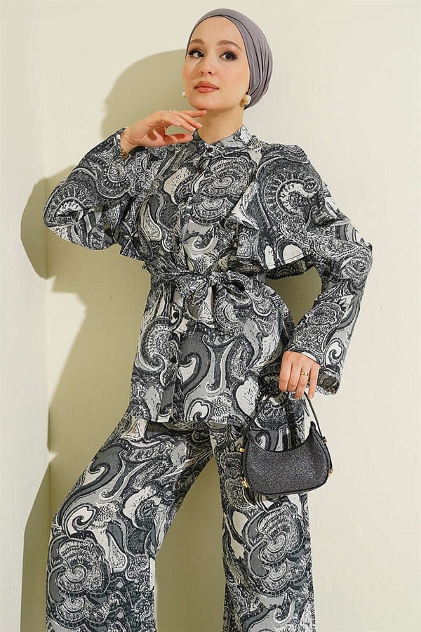 Gray 2 Piece Set with Ruffled Shoulders and Belt
