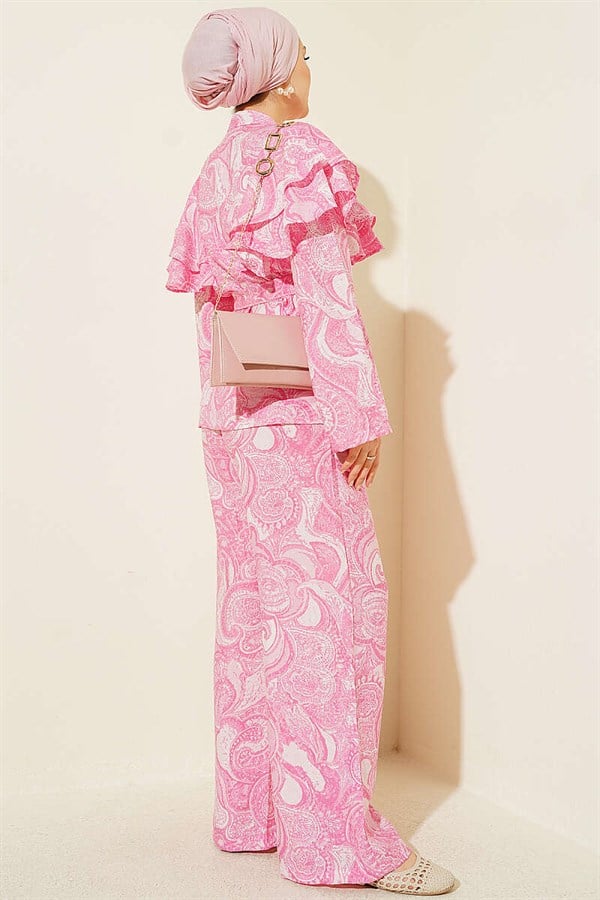 Pink 2 Piece Set with Ruffled Shoulders and Belt